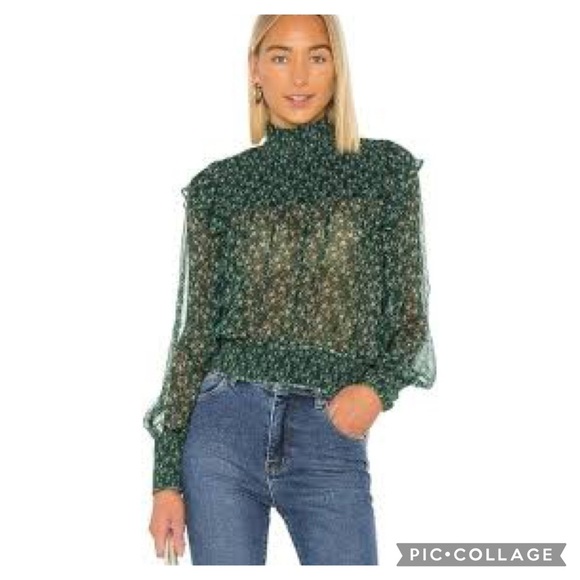 Free People Roma Forrest Green Floral Smocked Mock Nwck Tie Back Blouse Size M - Picture 2 of 13